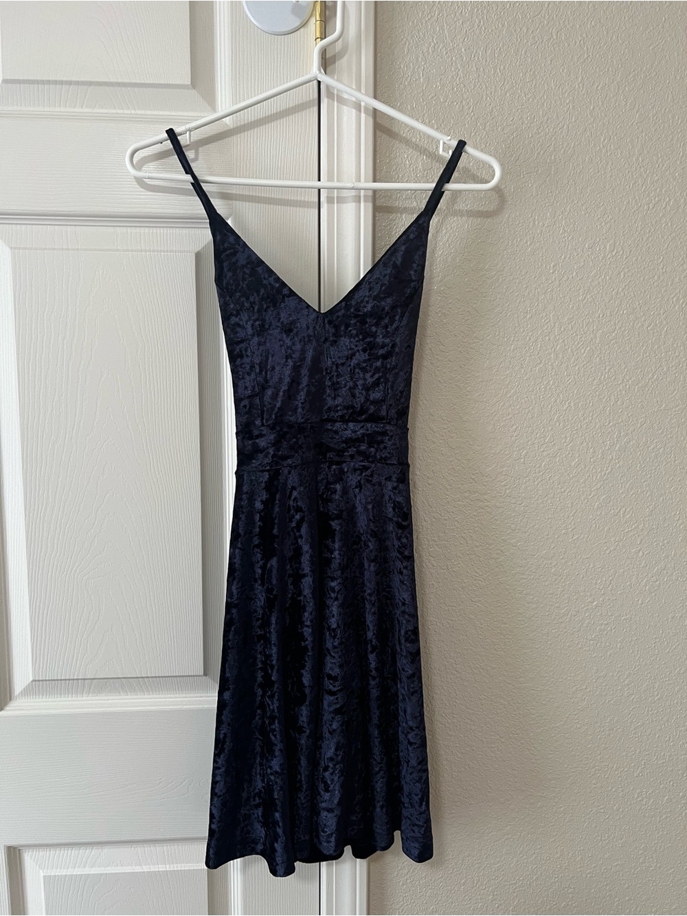 R.Vivimos Navy Blue Crushed Velvet Skater Dress Strappy Back Size S 4/6